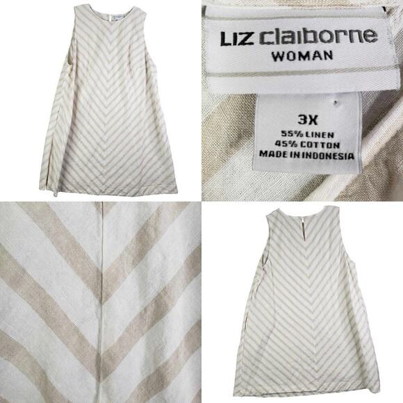 Liz Claiborne Shift Dress Linen Chevron Beige Stripe Sleeveless Womens Plus 3X - Picture 1 of 11